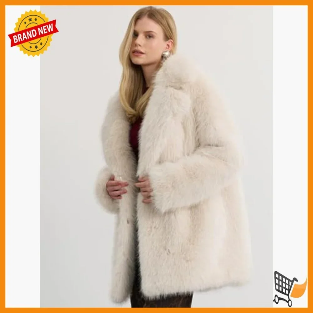 Long Faux Fur Coat Winter Jacket Lapel Collar Snap Button Pockets